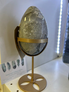 Moss Agate Egg on gold stand