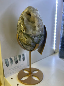 Moss Agate Egg on gold stand