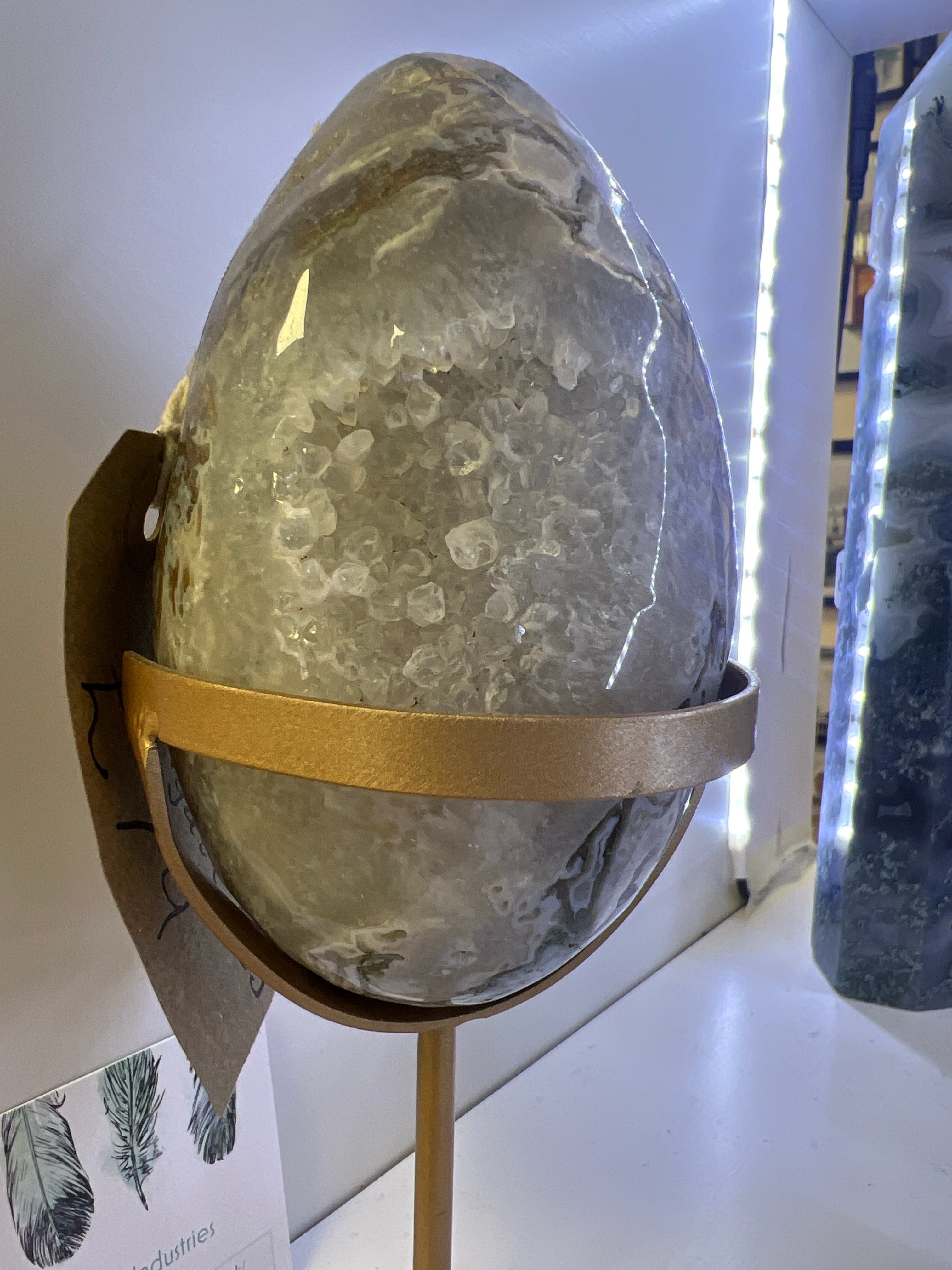 Moss Agate Egg on gold stand