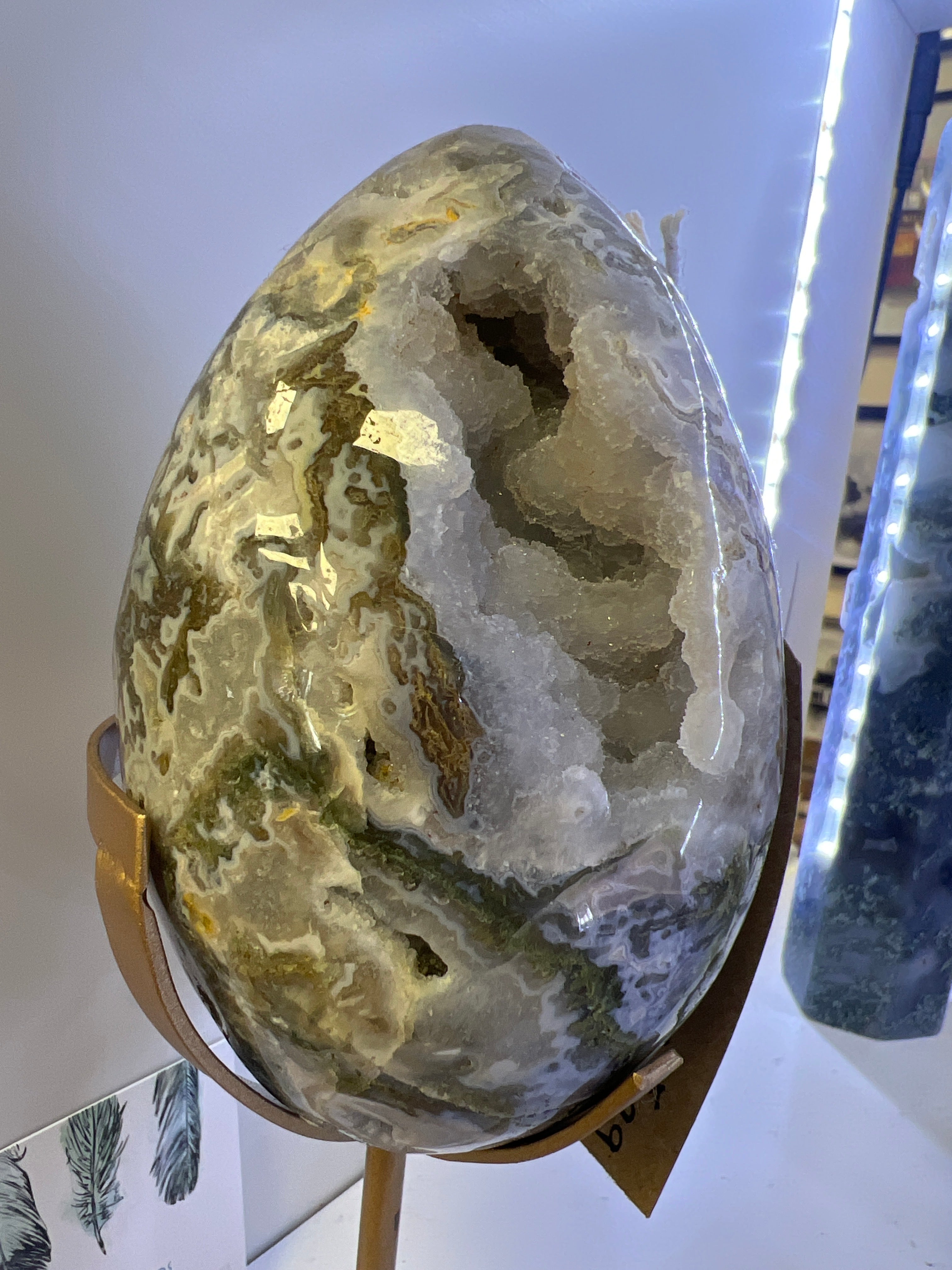 Moss Agate Egg on gold stand