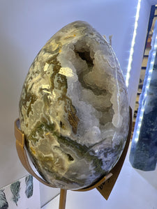 Moss Agate Egg on gold stand