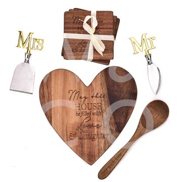 HEART BOARD, COASTERS, CHEESE KNIVES AND SPOON SET