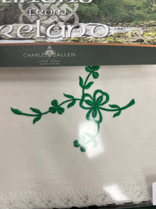 36” square Irish Linen Embroidered Supper Cloth with Green Shamrock